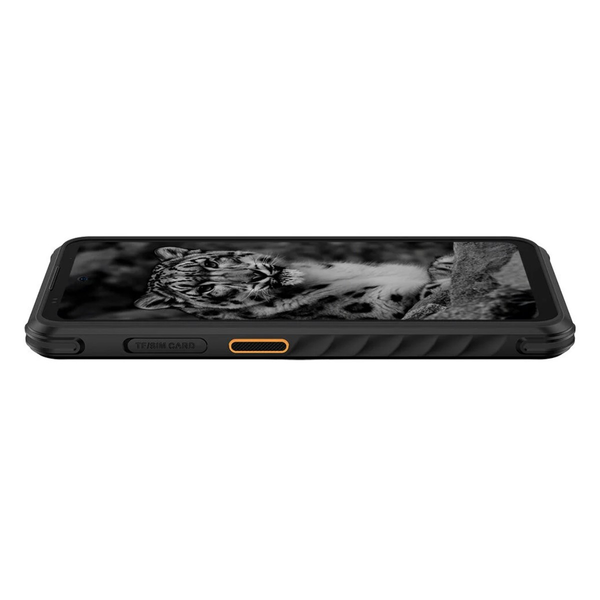 Ein schwarzes Smartphone zeigt ein Schwarz-Weiß-Bild eines Tigers. Das Telefon befindet sich auf weißem Hintergrund.
