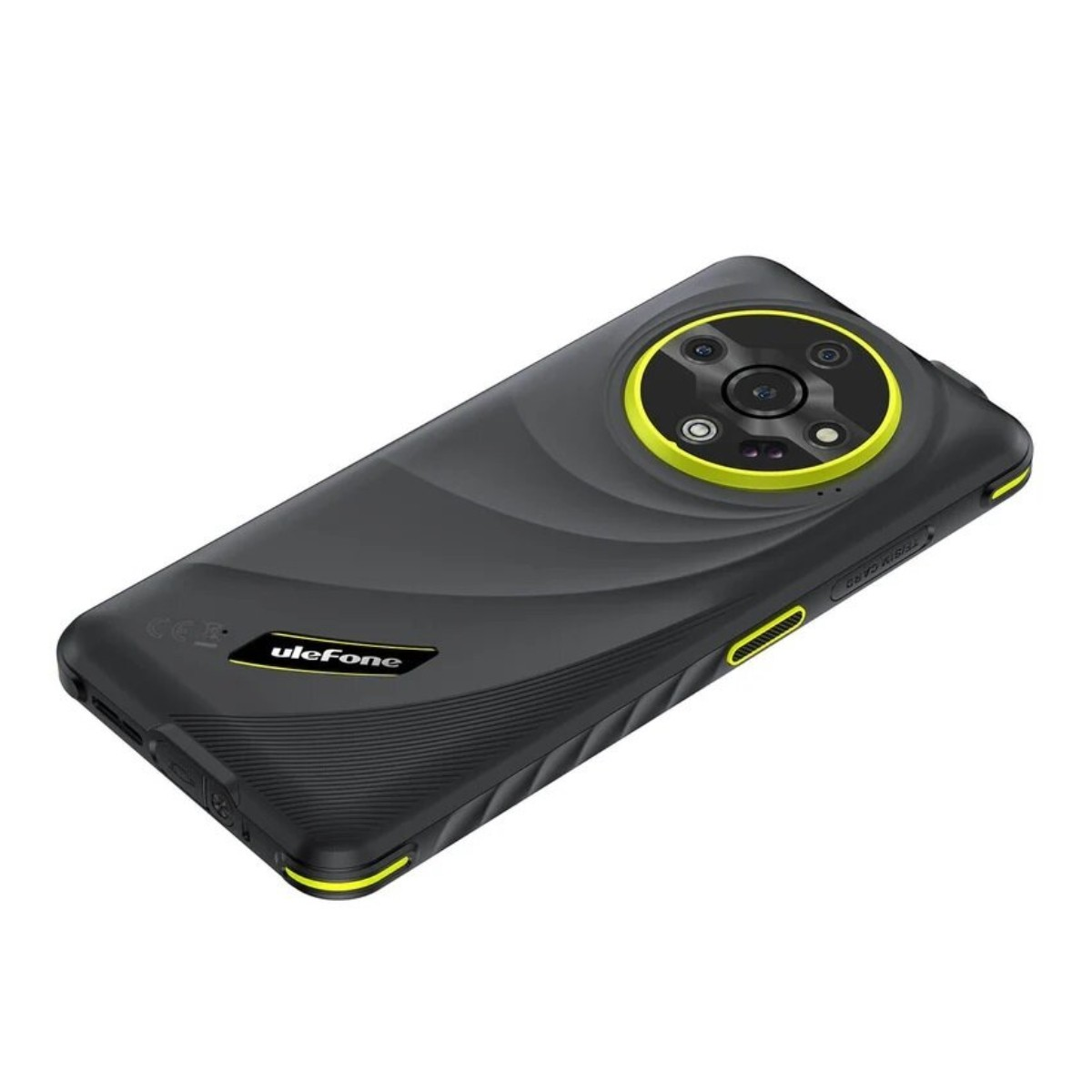 Ein schwarzes Ulefone-Telefon mit gelbem Kameraring, Seitentasten und Akzenten. Die Rückseite hat ein strukturiertes Design.
