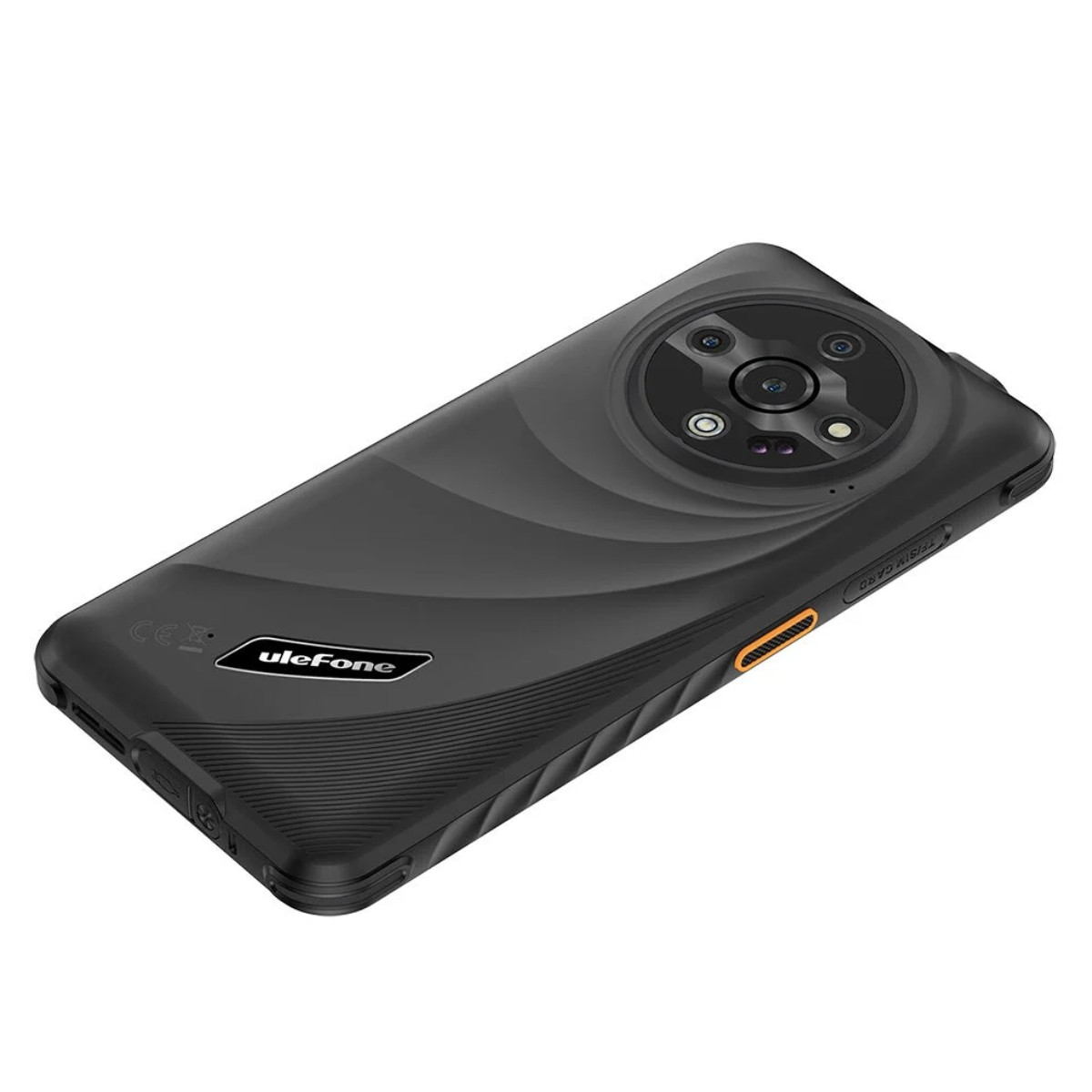 Ein schwarzes Ulefone-Smartphone, aus der Schrägansicht. Die Rückseite hat eine kreisförmige Kameraanordnung und einen strukturierten Boden.