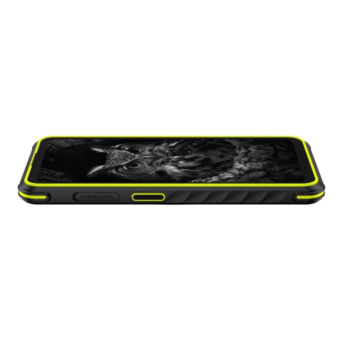 Ein schwarzes Smartphone mit gelbem Rahmen zeigt ein Eulenbild. Das Telefon liegt auf weißem Grund, Seite zeigt SIM-Karten-Slot.