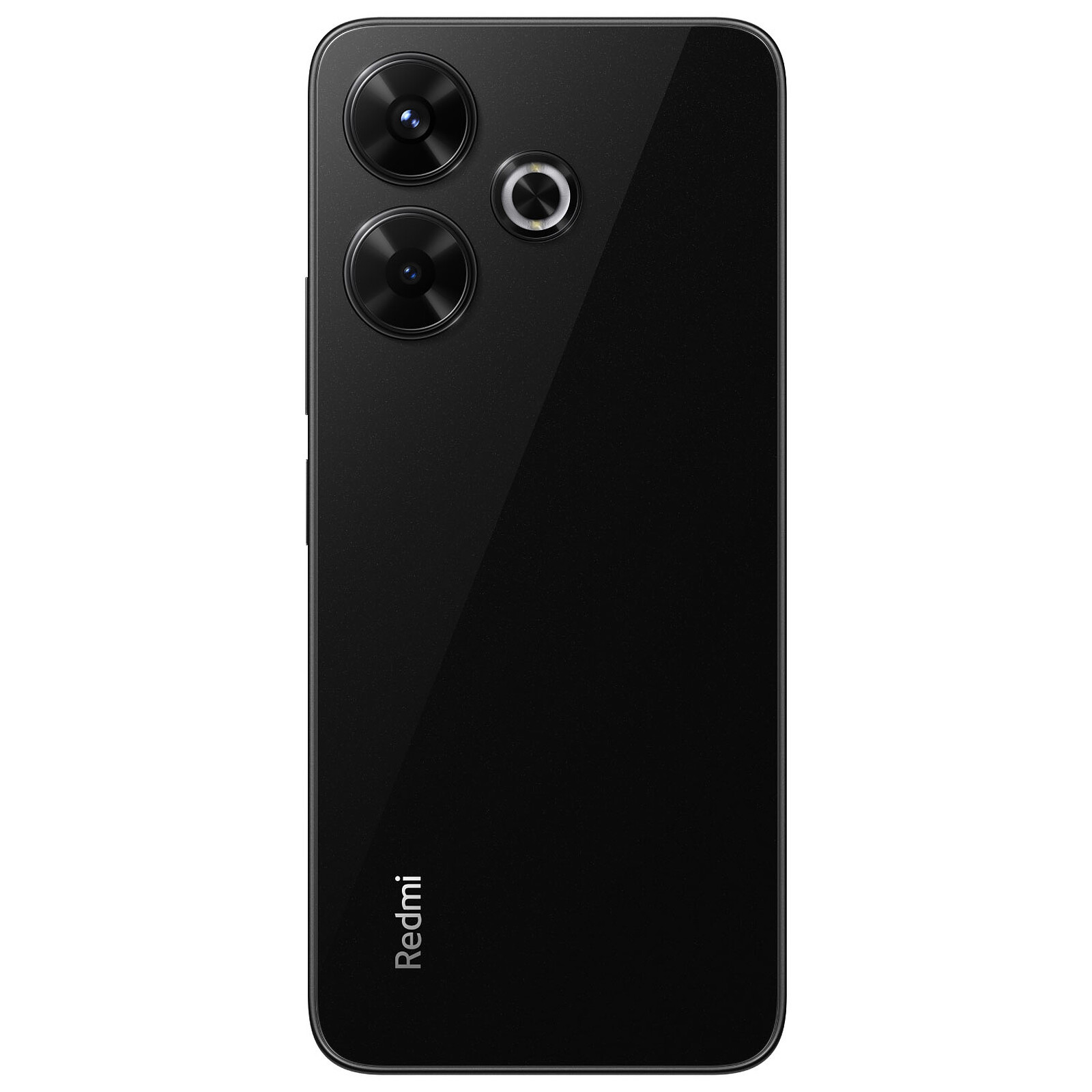 Czarny tył telefonu Redmi z trzema aparatami. Logo Redmi widoczne na dole. Prosty i nowoczesny design.