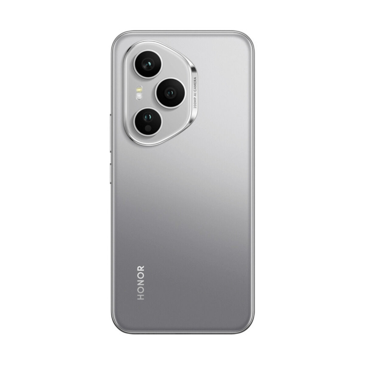 Retro di uno smartphone HONOR argentato. Tre obiettivi della fotocamera in alto. Logo 'HONOR' in basso. I dettagli della fotocamera dicono 200MP AI CAMERA.