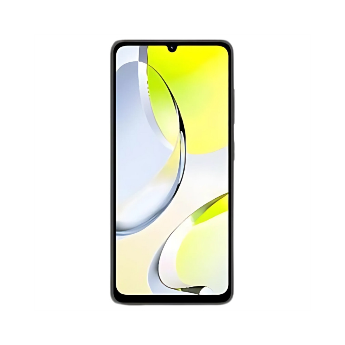 Smartfon z czarną ramką i ekranem wyświetlającym żółto-biały abstrakcyjny wzór. Tło jest białe.