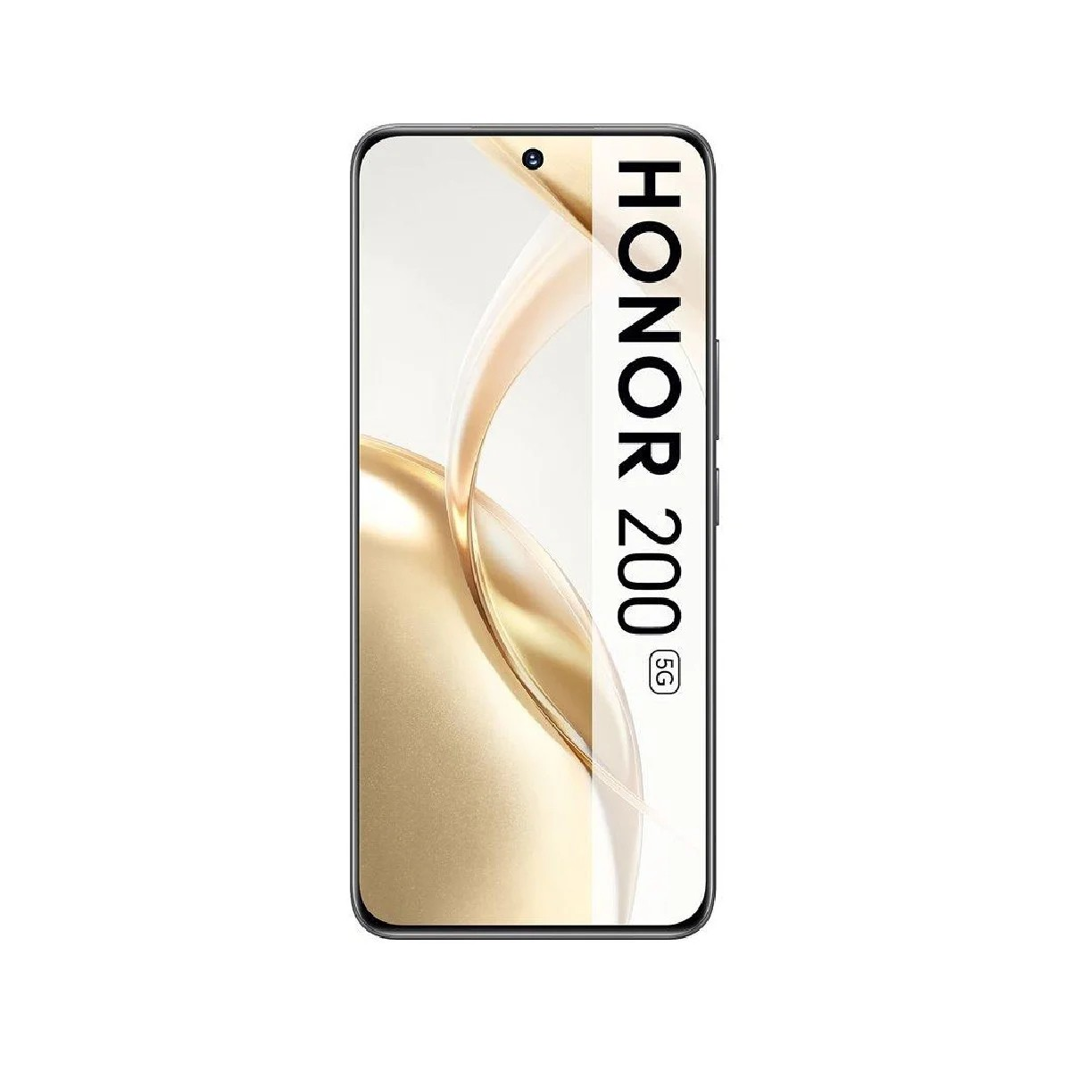 Uno smartphone con schermo che mostra un design dorato astratto. Sul telefono c'è scritto HONOR 200 5G.
