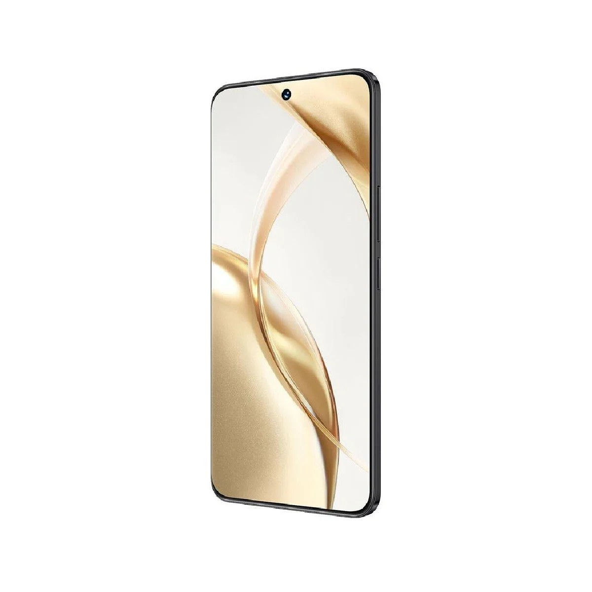 Uno smartphone nero angolato a destra, che mostra il design dorato dello schermo. Lo schermo ha una fotocamera. Il telefono è su sfondo bianco.