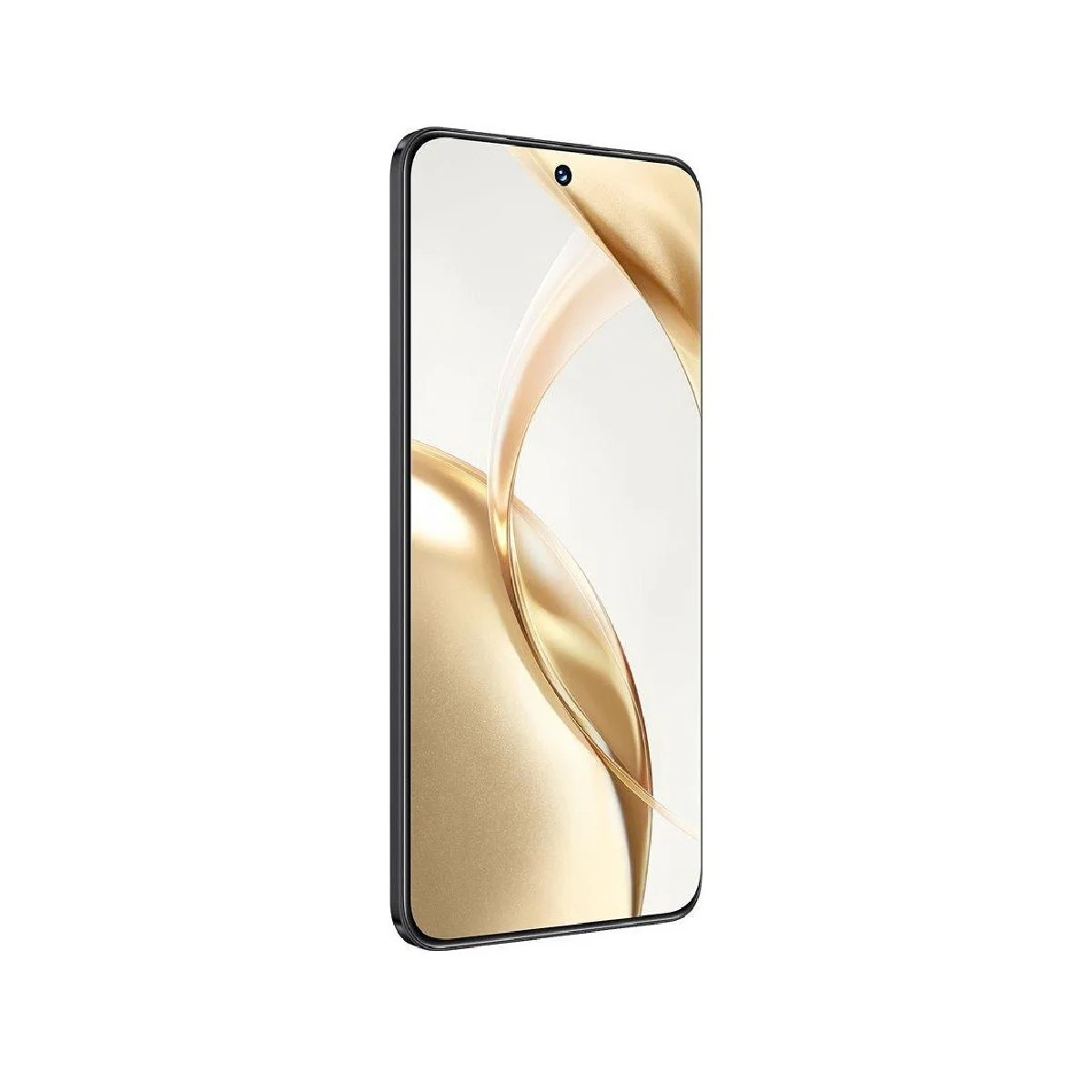 Uno smartphone nero, leggermente angolato. Lo schermo mostra vortici dorati. Il telefono ha un bordo nero. Lo sfondo è bianco.