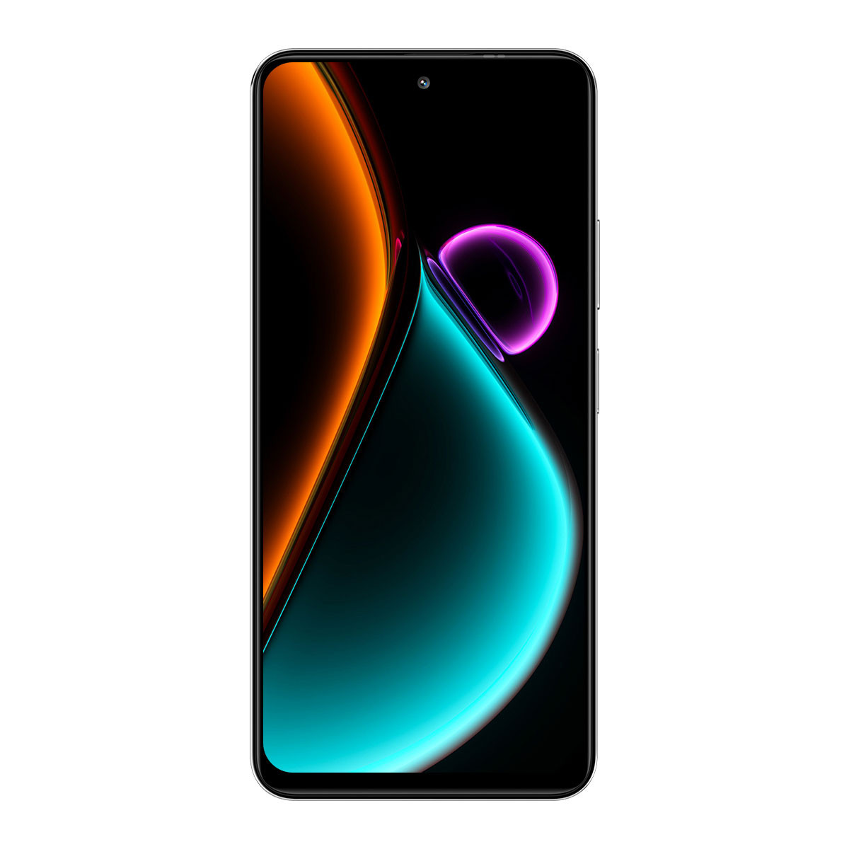 Smartphone con cornice nera, lo schermo mostra un design astratto con sfumature di verde acqua, viola, arancione e nero.