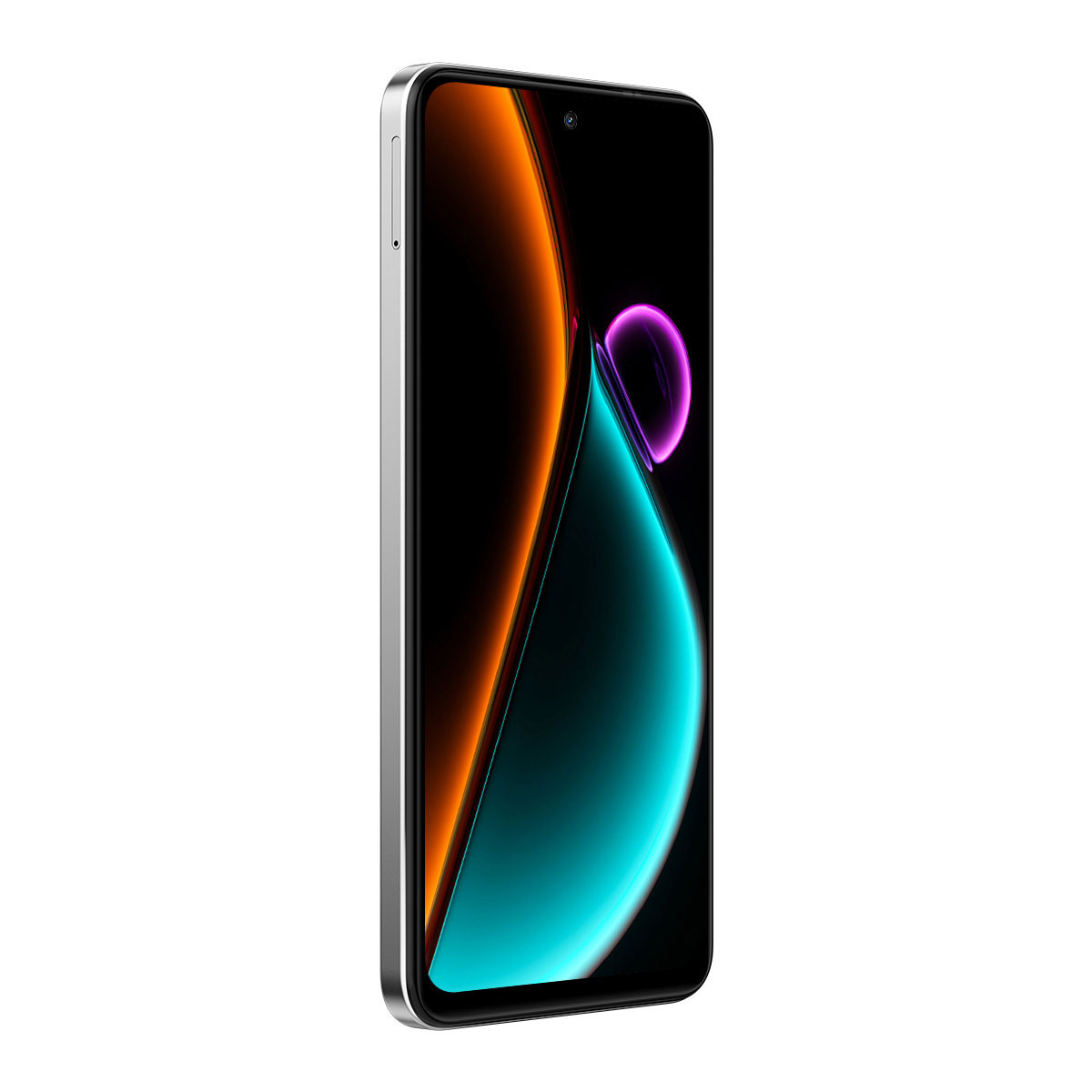 Uno smartphone con schermo nero che mostra una sfumatura arancione e verde acqua. Il telefono ha una cornice argentata ed è angolato verso destra.