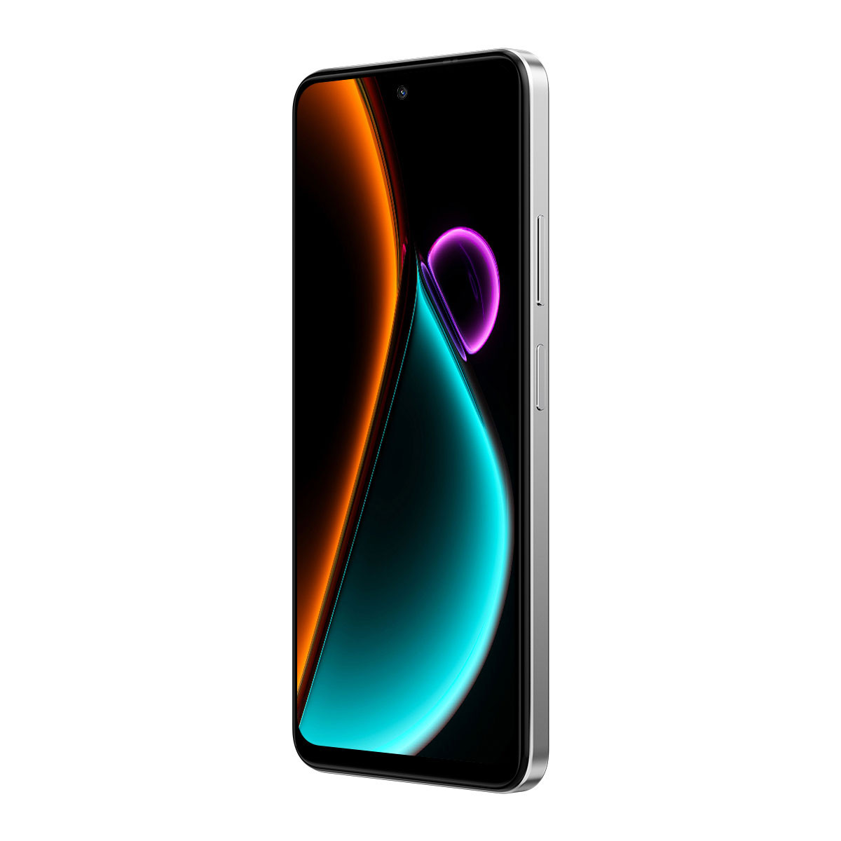 Uno smartphone con schermo che mostra forme astratte arancioni, verde acqua e viola. Il telefono è argentato e inclinato verso destra.