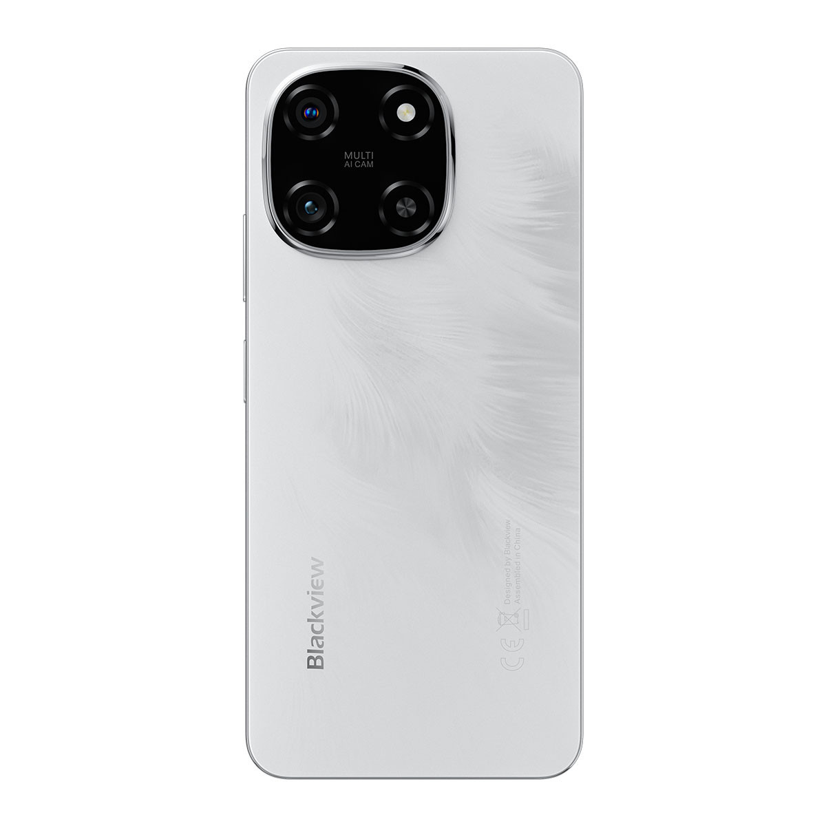 Uno smartphone Blackview bianco. Ha una configurazione multi-fotocamera e il marchio è visibile. Il retro ha una texture a forma di piuma.