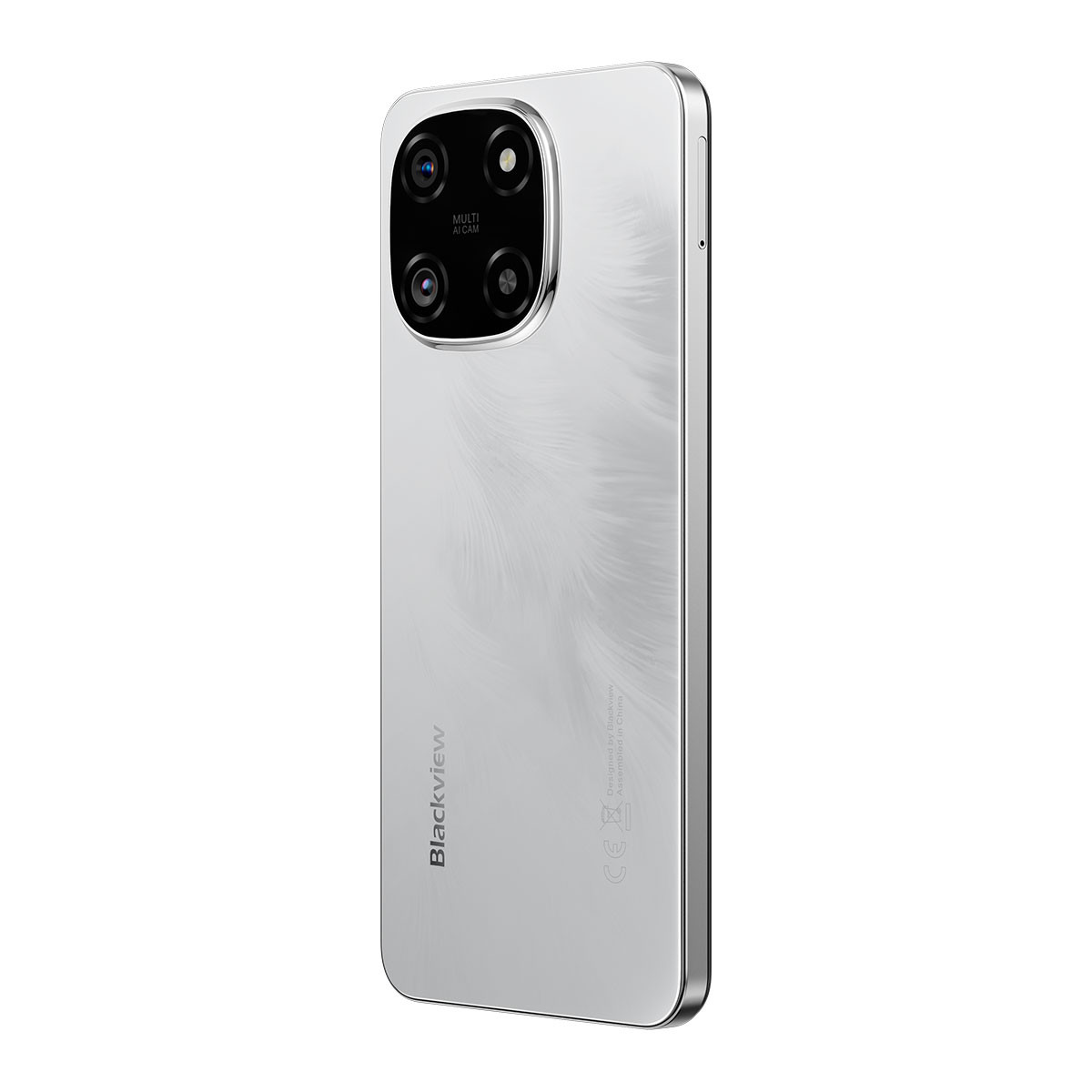 Uno smartphone Blackview argentato con più fotocamere, con un retro strutturato. Il telefono è leggermente angolato, mostrando il suo design.