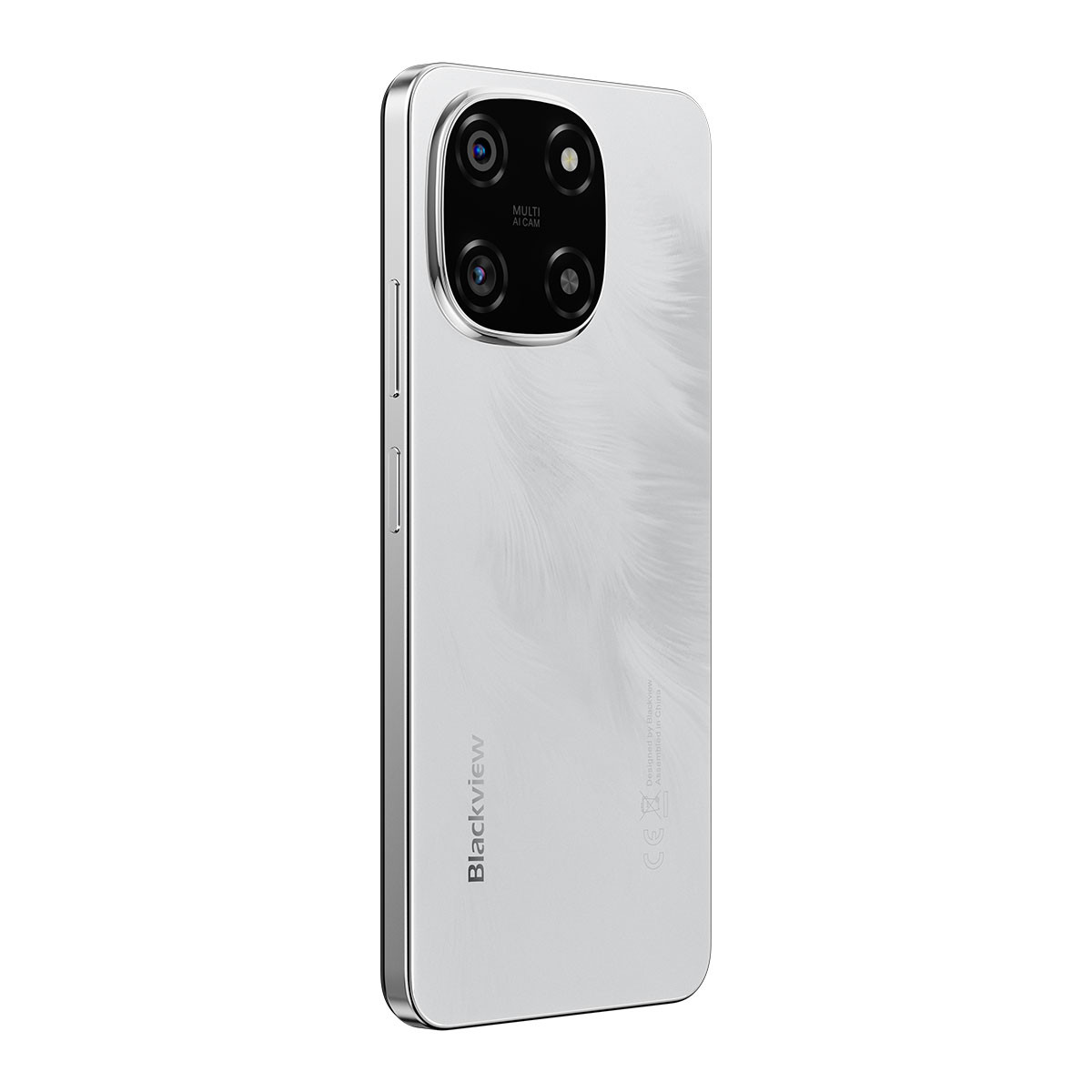 Smartphone Blackview argento. Ha un sistema multi-fotocamera, un retro strutturato e il nome del marchio stampato verticalmente.