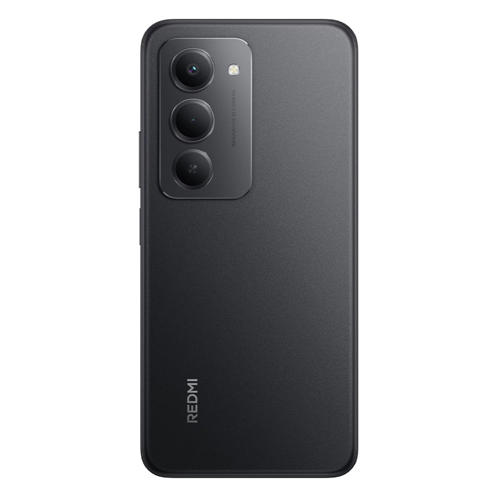 Retro di smartphone Redmi nero. Ha tre fotocamere in linea verticale e il logo Redmi in basso.