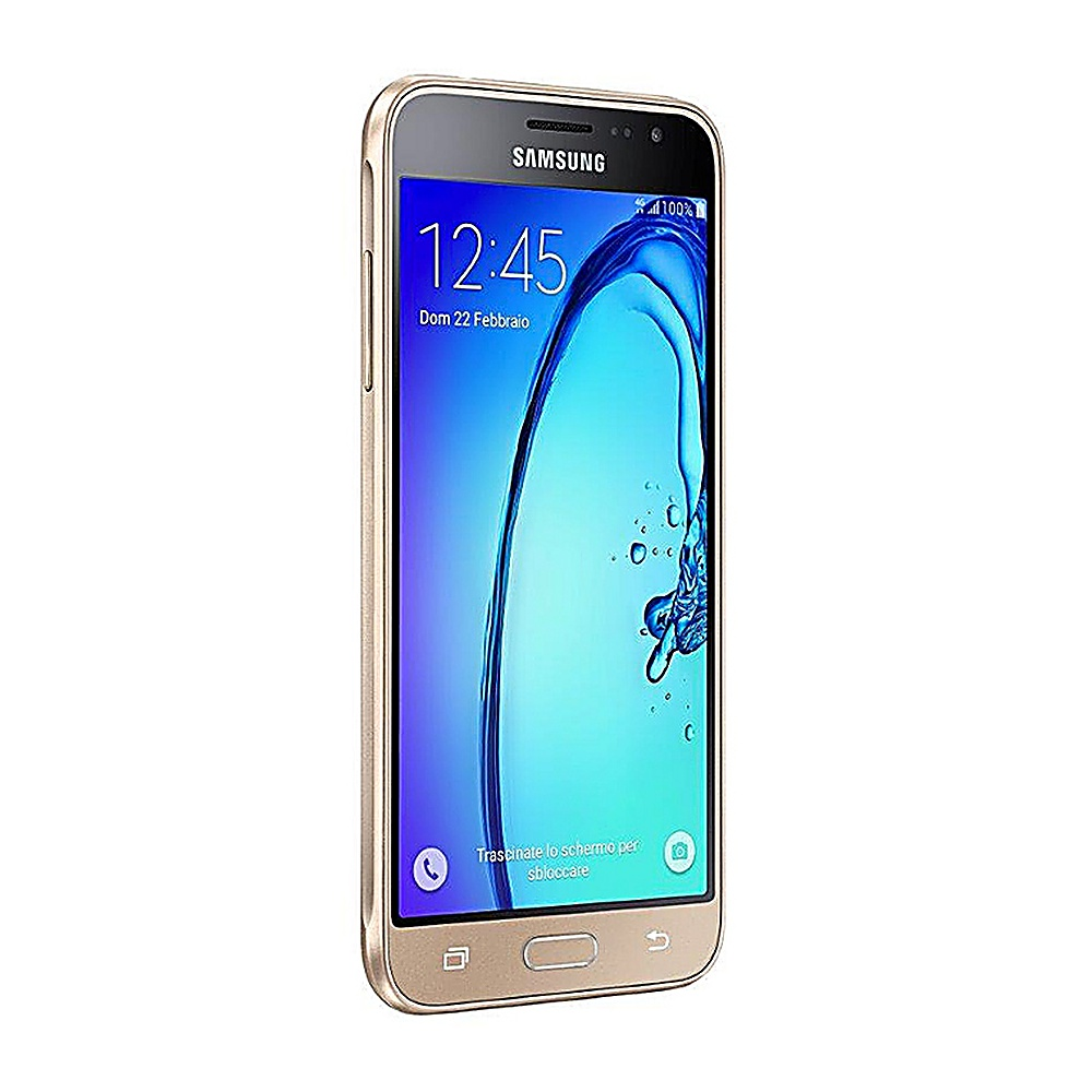 Uno smartphone Samsung dorato mostra le 12:45. Lo schermo mostra un design simile all'acqua. Ha un pulsante home e un'icona della fotocamera.