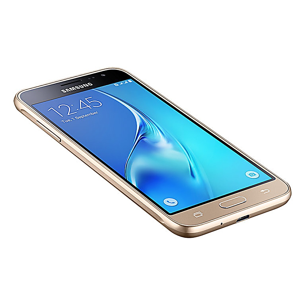 Uno smartphone Samsung dorato con display blu e bianco, che mostra l'ora e la data. Il telefono è leggermente angolato.