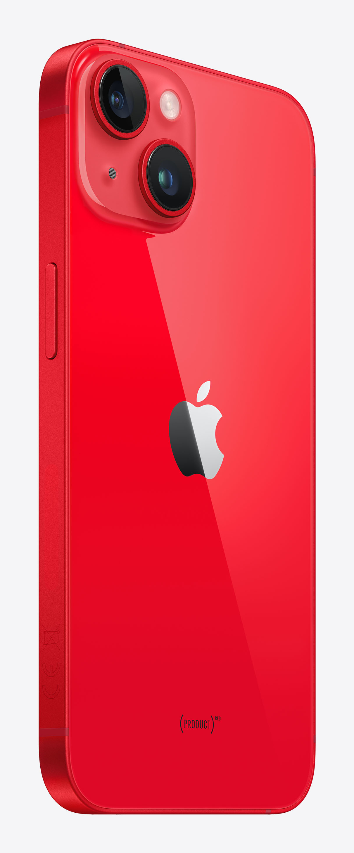 Czerwony iPhone, widok z tyłu. Posiada podwójny aparat, logo Apple i markę (PRODUCT)RED. Błyszczące wykończenie.