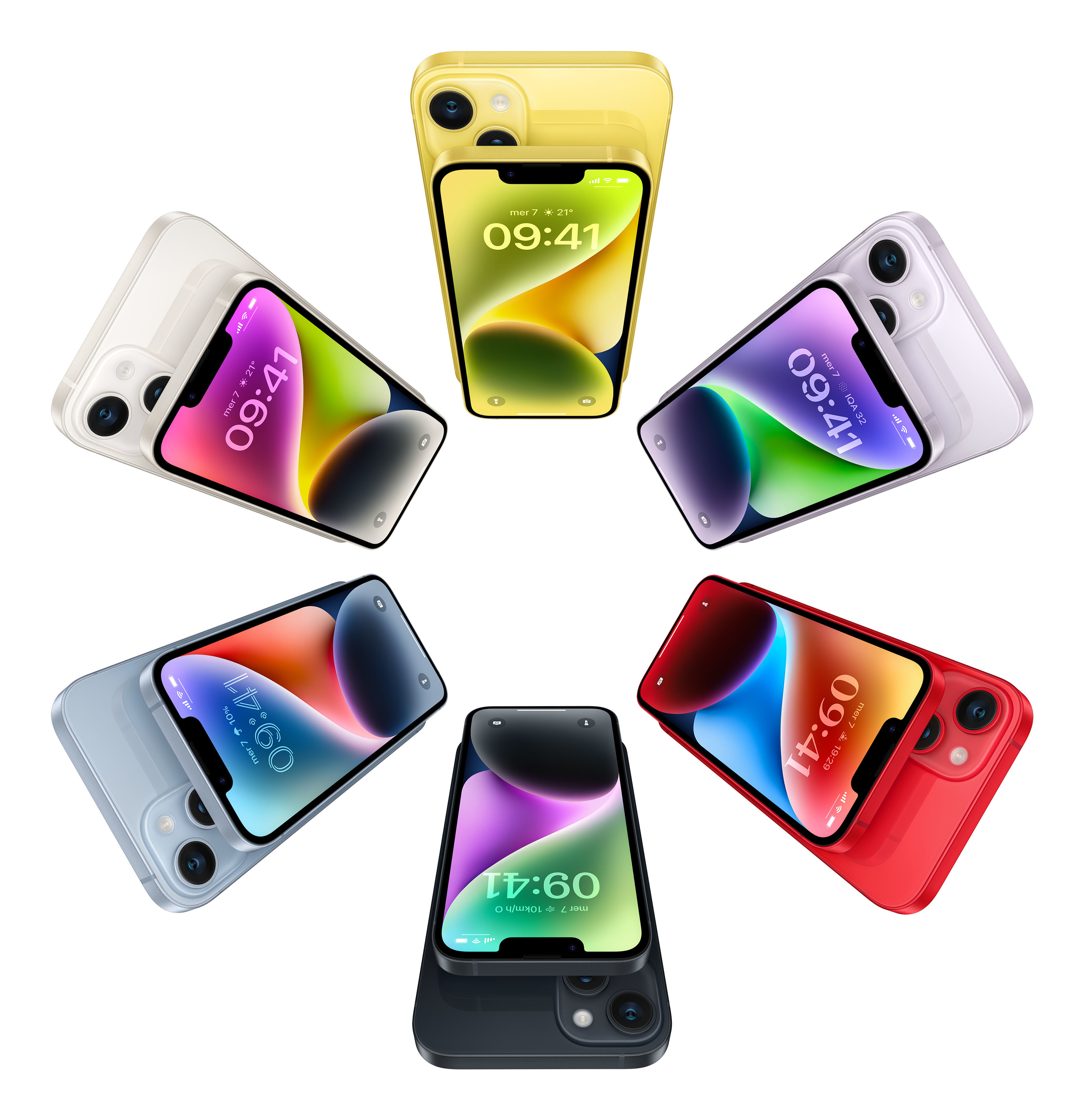 Siedem smartfonów w różnych kolorach ułożonych w okrąg na białym tle. Każdy telefon wyświetla godzinę.