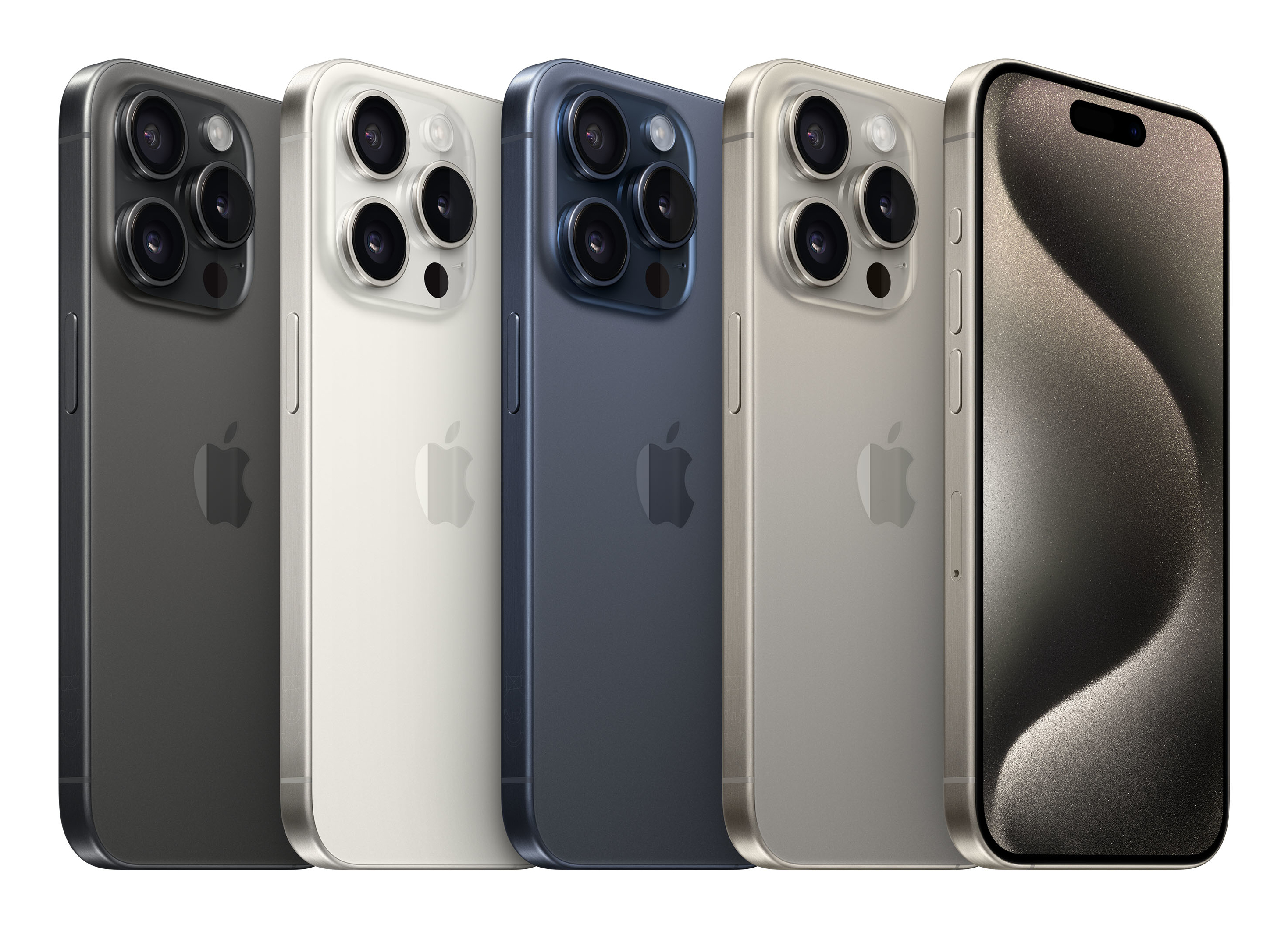 Pięć smartfonów z potrójnymi aparatami, w różnych kolorach, ustawionych w rzędzie. Ekran ostatniego jest włączony.