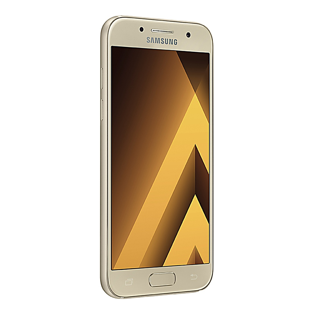 Uno smartphone Samsung dorato con un display che mostra un motivo dorato astratto. Il telefono è leggermente inclinato verso destra.