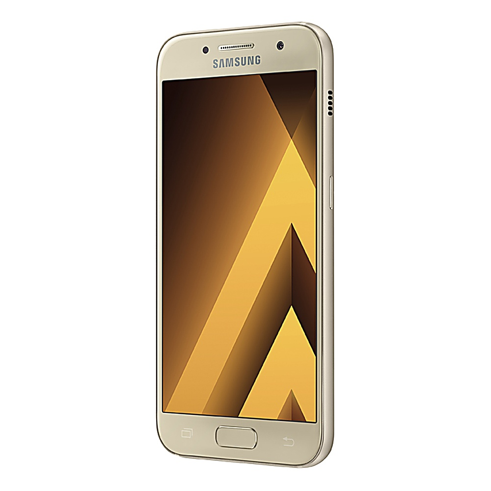 Uno smartphone Samsung dorato. Ha una cornice dorata e uno schermo che mostra un design astratto oro e marrone. Lo sfondo è bianco.