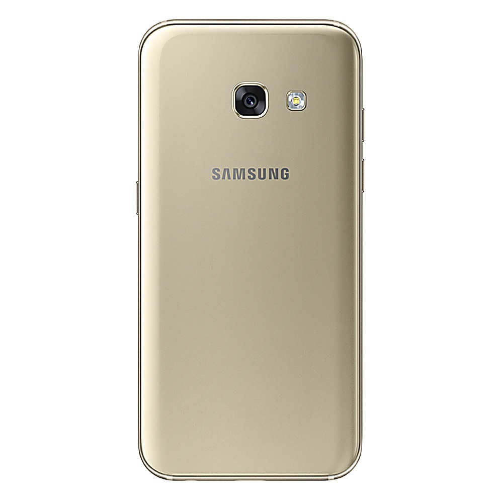 Vista posteriore di uno smartphone Samsung dorato. Ha fotocamera, flash e il logo Samsung. Superficie liscia e riflettente.
