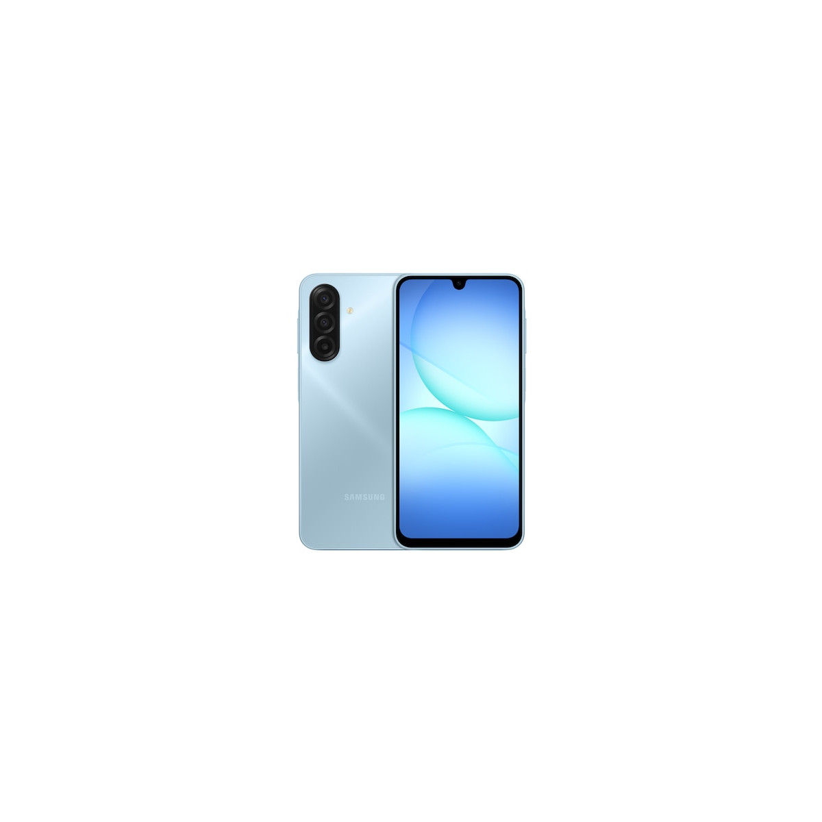 Ein hellblaues Samsung-Smartphone mit drei Rückkameras und einem Bildschirm, der ein blaues und weißes abstraktes Design zeigt.