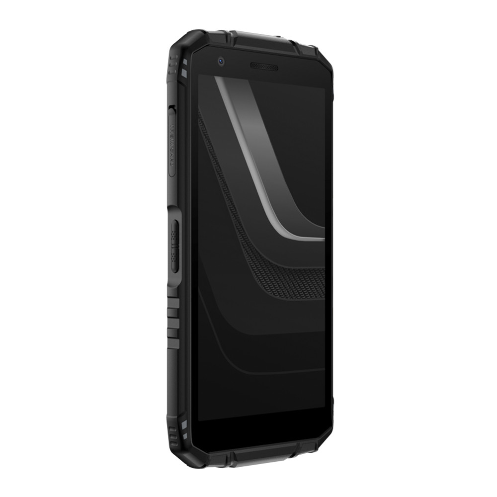 Uno smartphone nero e robusto. Lo schermo è nero con un design. I pulsanti e le porte sono visibili sul lato. La custodia è nera.