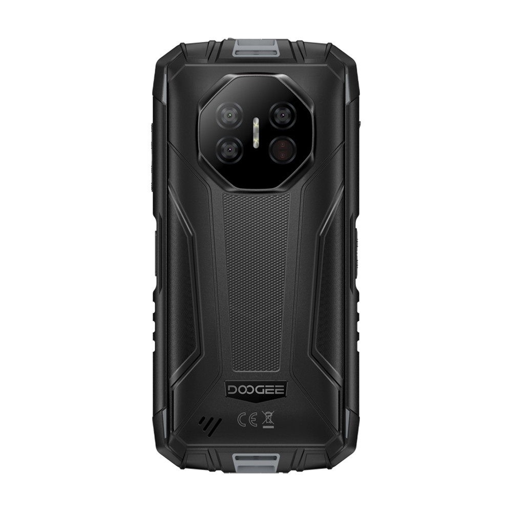 Retro di smartphone nero. Caratteristiche: modulo fotocamera, pannello strutturato e logo 'DOOGEE'. Design robusto con bordi protettivi.