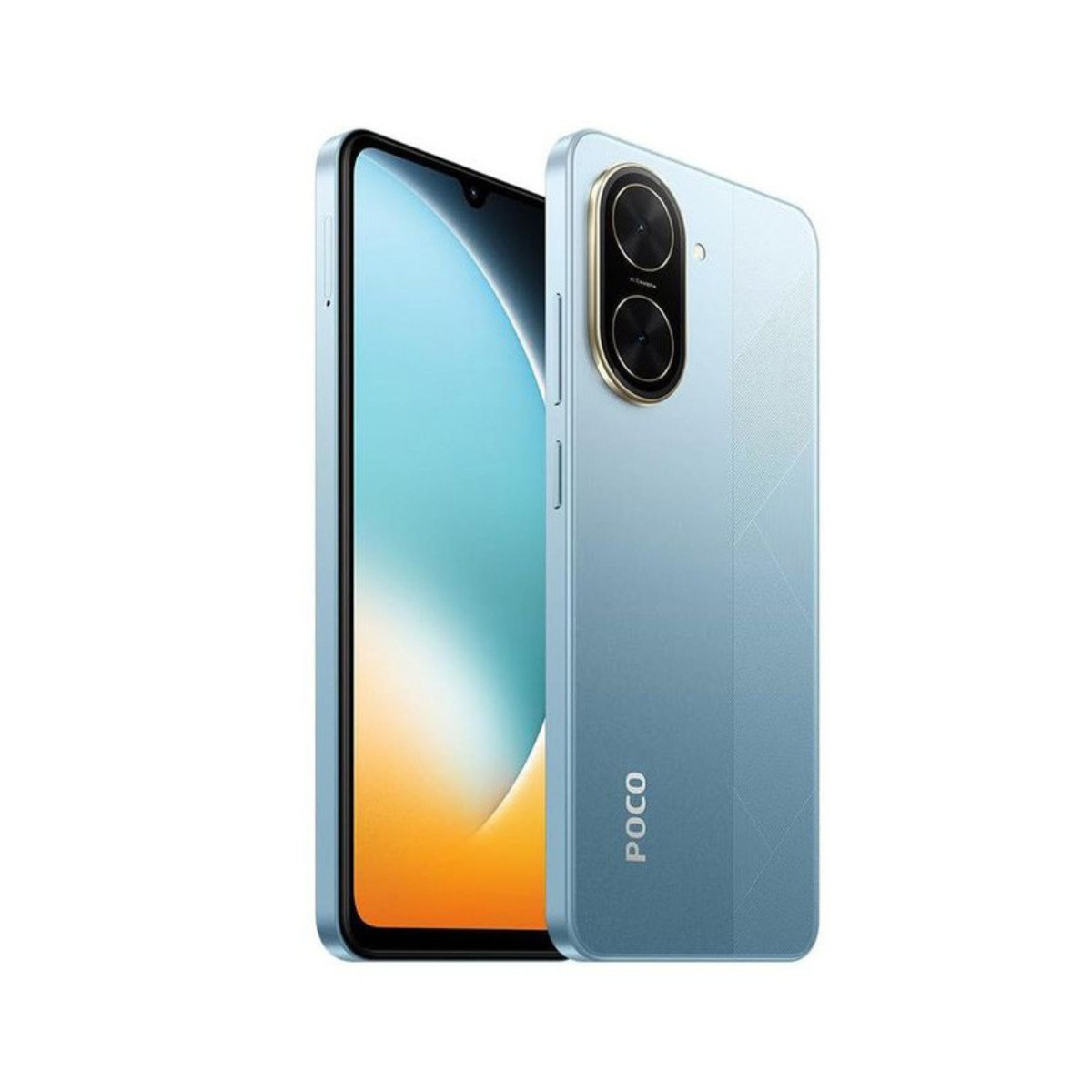 Uno smartphone Poco blu. Il display mostra una sfumatura azzurra e gialla. Il retro ha due fotocamere e il logo Poco.