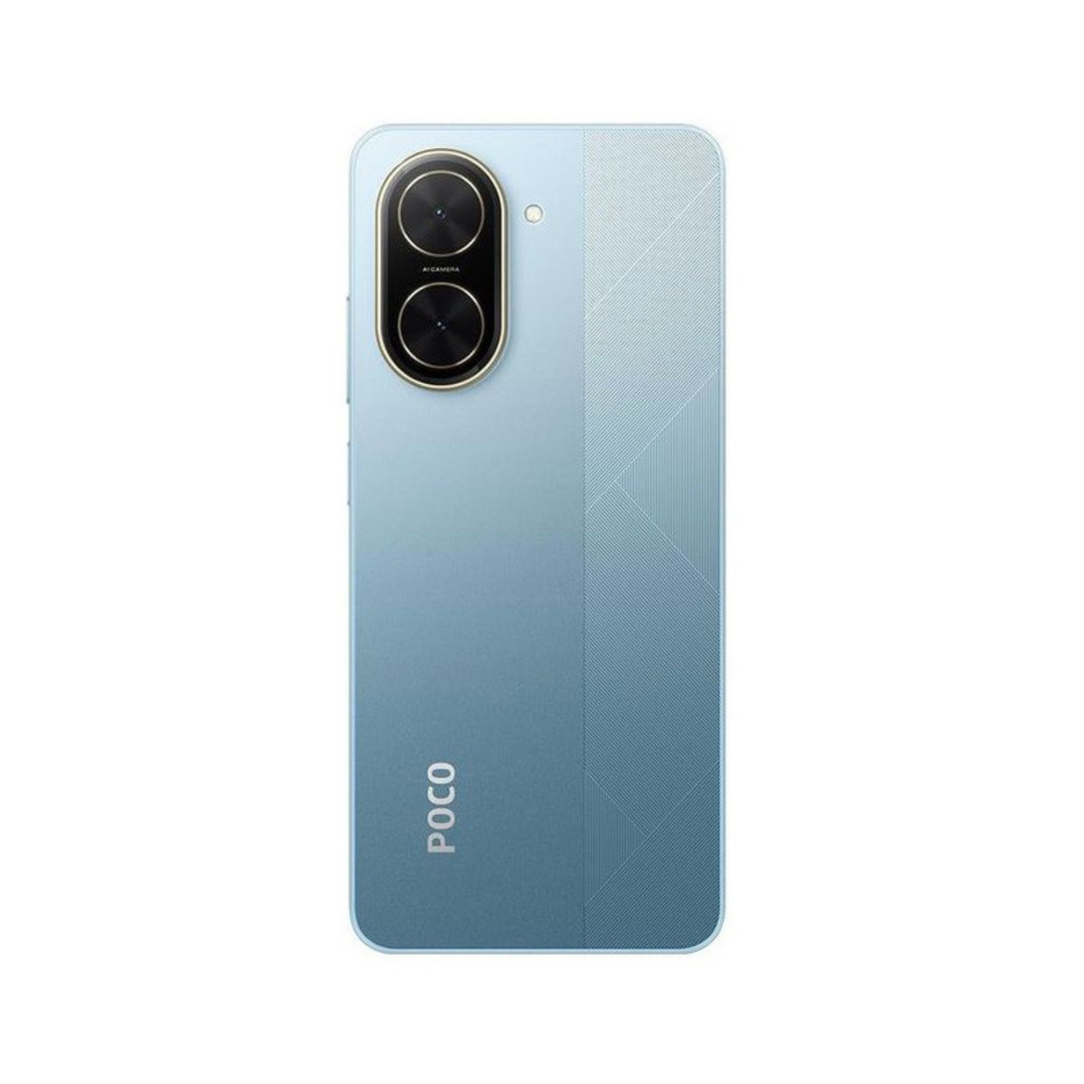 Retro di uno smartphone POCO blu chiaro. Ha doppie fotocamere in un cerchio nero, un obiettivo e il logo POCO.