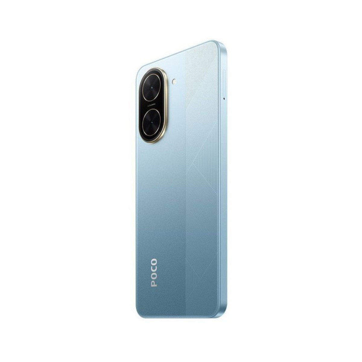 Uno smartphone Poco azzurro. Il telefono ha due obiettivi della fotocamera in alto e la parola 'POCO' stampata verticalmente in basso.