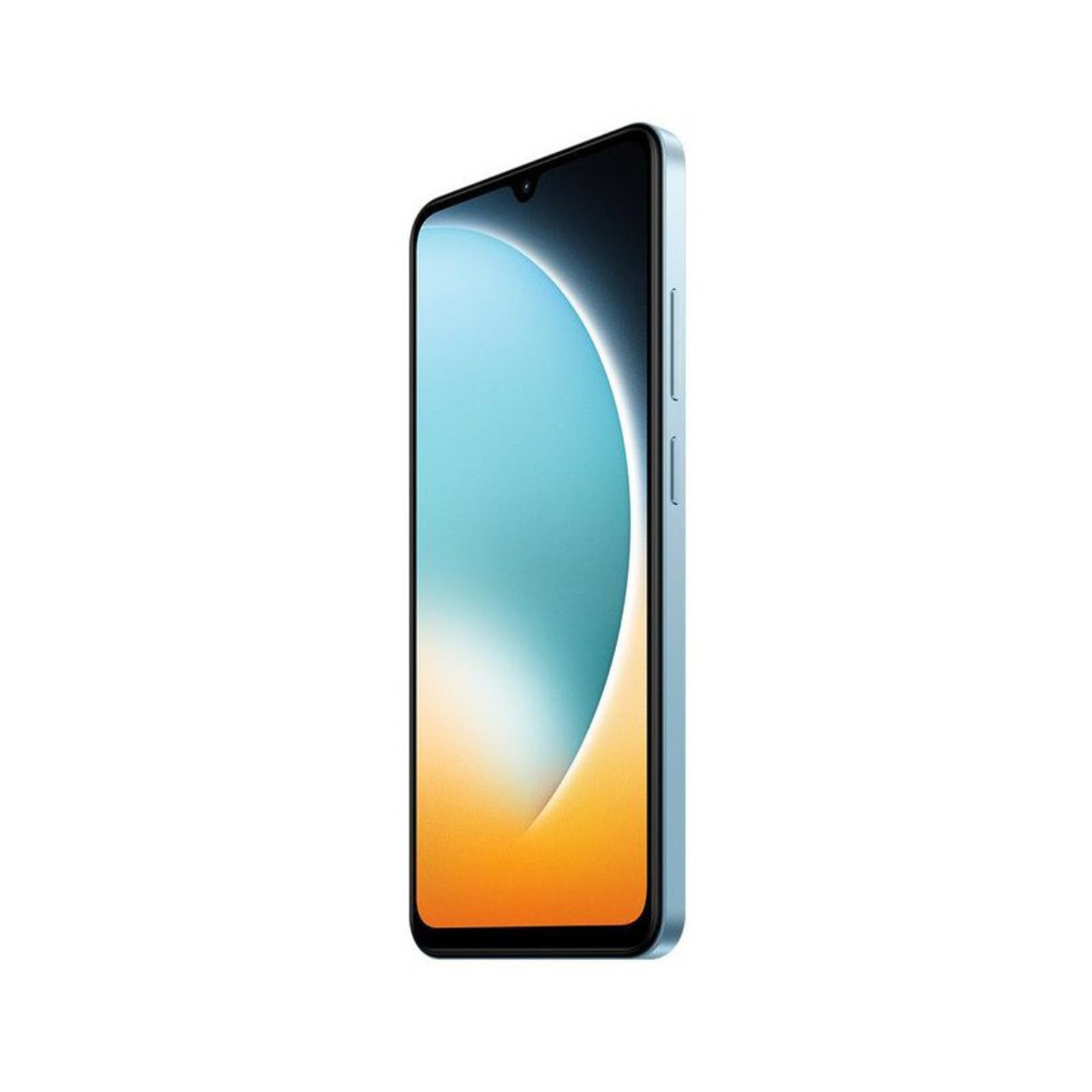 Uno smartphone su sfondo bianco. Lo schermo mostra una sfumatura di blu, arancione e bianco. Il telefono è azzurro.