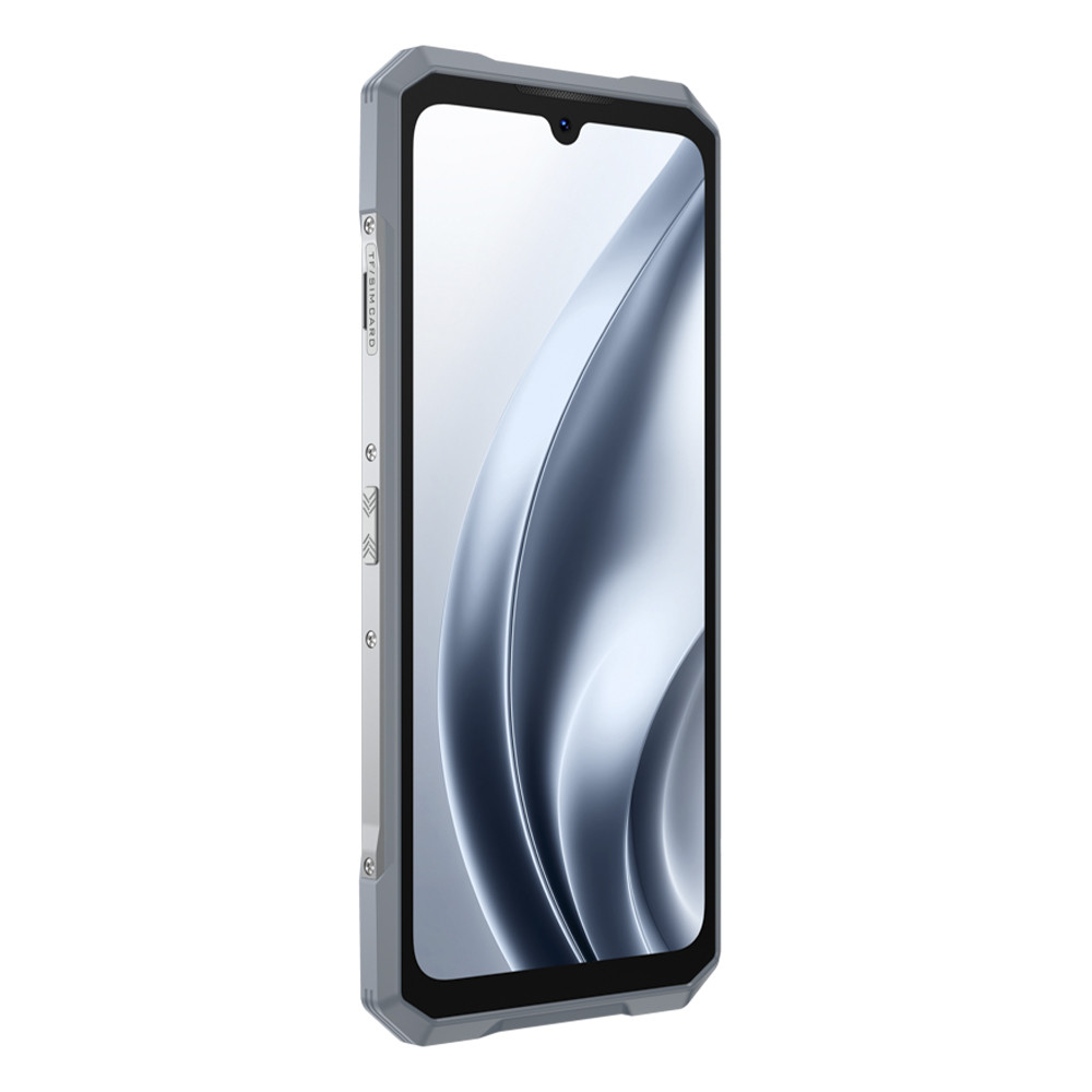 Szary smartfon z czarnym ekranem. Ekran wyświetla szary, falisty wzór. Telefon ma wytrzymałą konstrukcję i panel boczny.