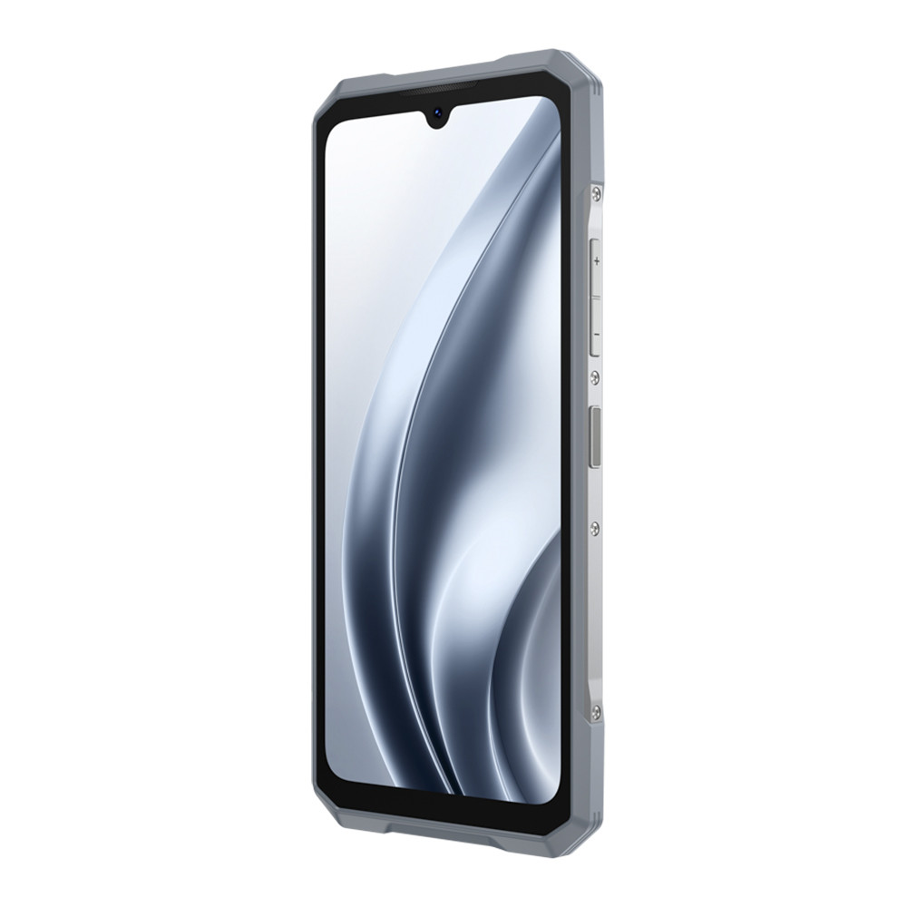 Szary smartfon pokazany pod kątem. Ekran wyświetla biało-szary abstrakcyjny wzór. Przyciski znajdują się z boku.