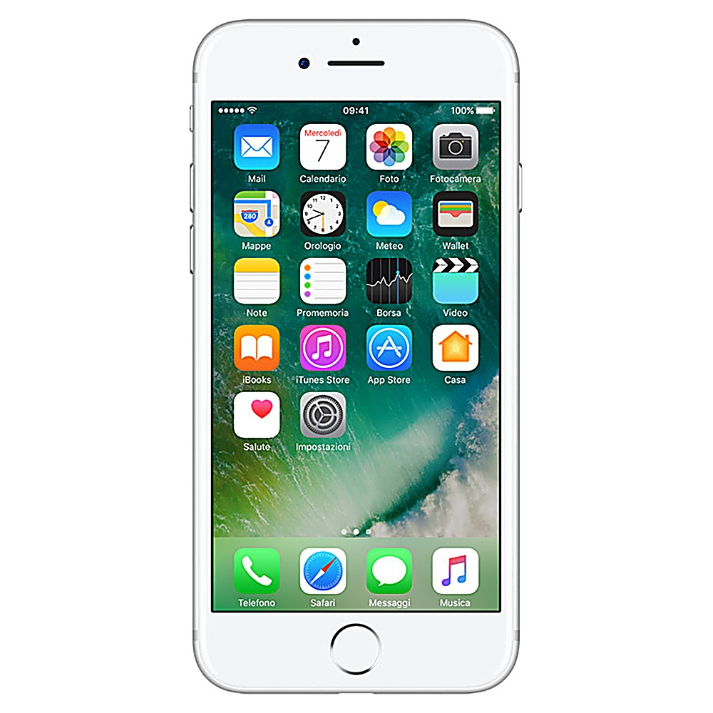 iPhone bianco che mostra la schermata iniziale con icone di app, tra cui Mail, Calendario e Fotocamera, su uno sfondo colorato.