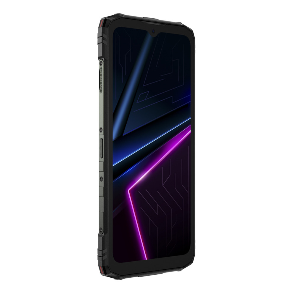 Wytrzymały smartfon z czarnym ekranem wyświetlającym abstrakcyjne niebieskie i fioletowe linie. Telefon ma czarno-szarą obudowę.