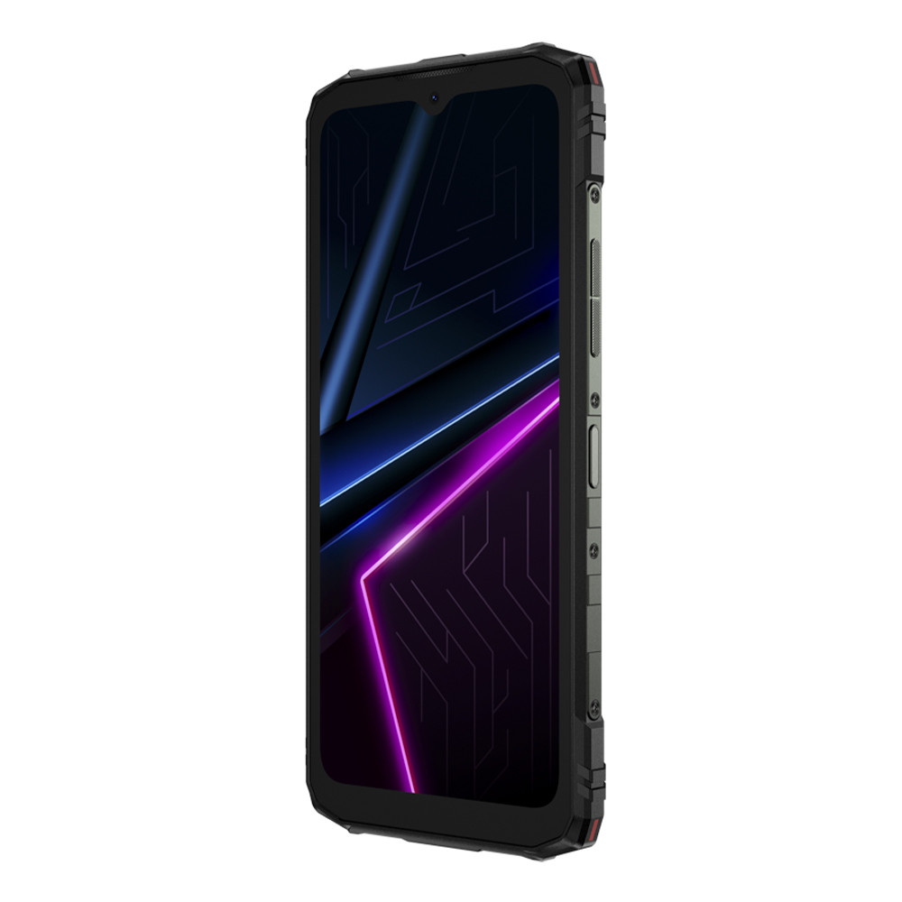Czarny smartfon z żywym ekranem wyświetlającym fioletowe i niebieskie neonowe linie. Telefon ma wytrzymałe krawędzie i przyciski z boku.