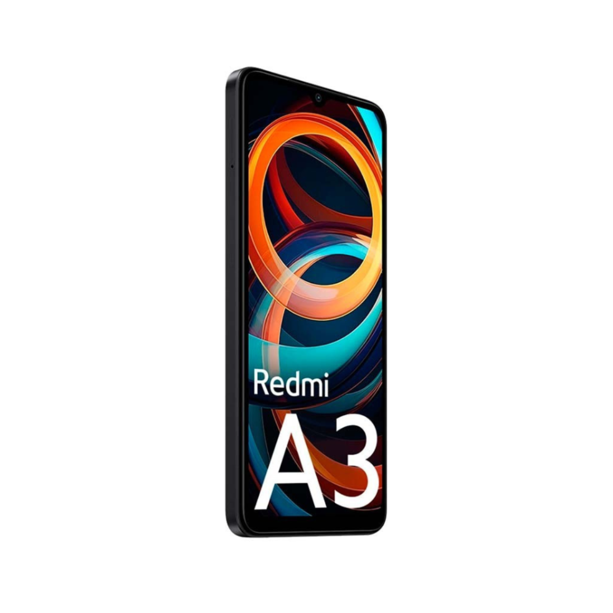 Smartphone Redmi A3 nero su sfondo bianco. Lo schermo mostra un design astratto arancione e blu.