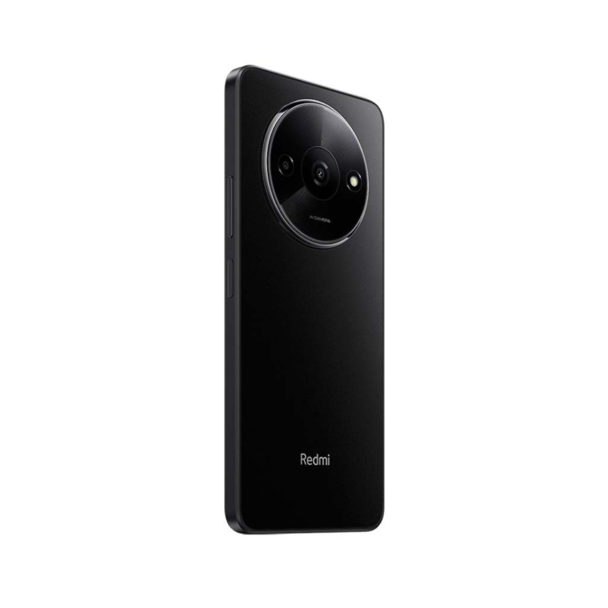 Uno smartphone nero con un grande modulo fotocamera circolare. Il logo Redmi è in basso. Il telefono è su sfondo bianco.