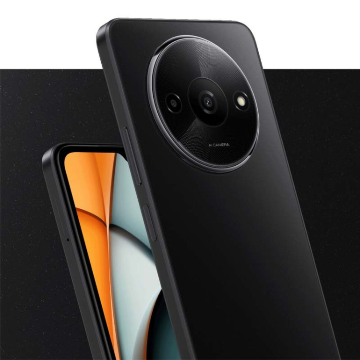 Smartphone nero con design della fotocamera circolare. Lo schermo mostra colori arancioni e beige. Lo sfondo è nero.