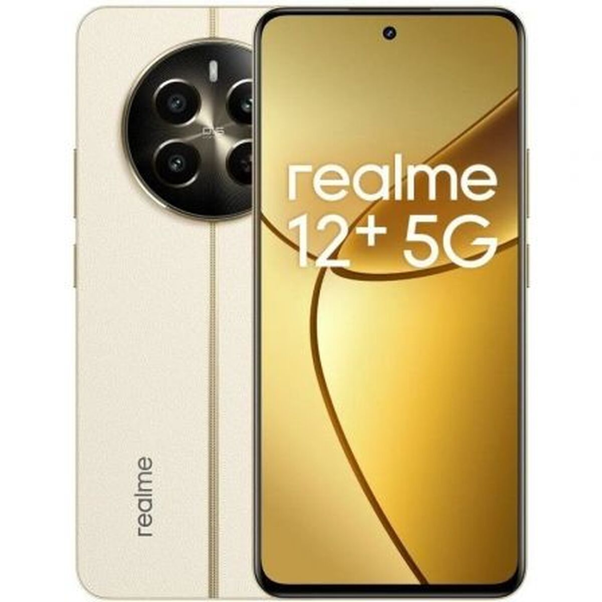 Uno smartphone Realme 12+ 5G dorato. Ha un ampio modulo fotocamera e uno schermo dorato con il nome del telefono.