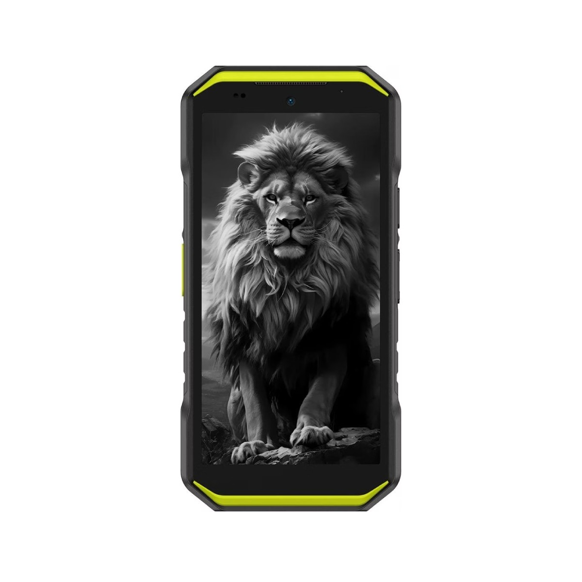 Smartfon wyświetla czarno-biały obraz lwa. Telefon ma czarną obudowę z żółtymi akcentami.
