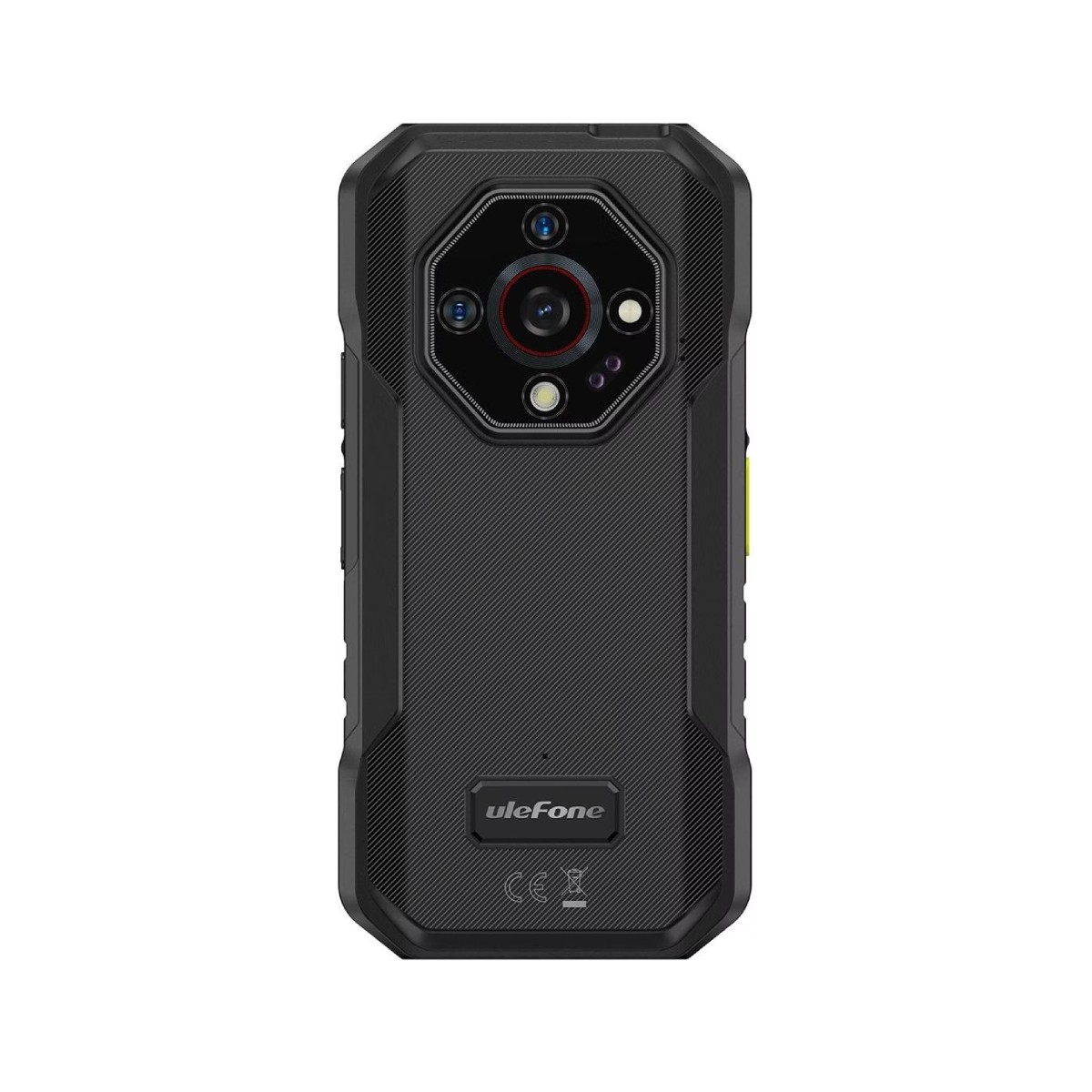 Czarny tył wytrzymałego smartfona Ulefone. Posiada wiele kamer, teksturowany tył i nazwę marki. Telefon ma ochronną konstrukcję.
