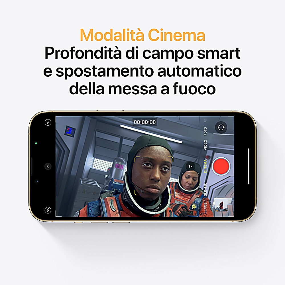 iPhone que muestra una escena de video de dos astronautas en una nave espacial. El texto superior dice 'Modo Cine' y funciones relacionadas.