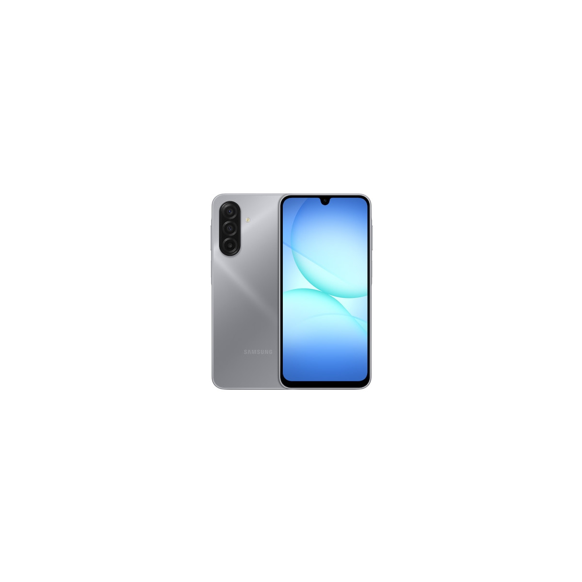 Uno smartphone Samsung argentato, vista anteriore e posteriore. Lo schermo mostra un design blu e bianco. Lo sfondo è bianco.
