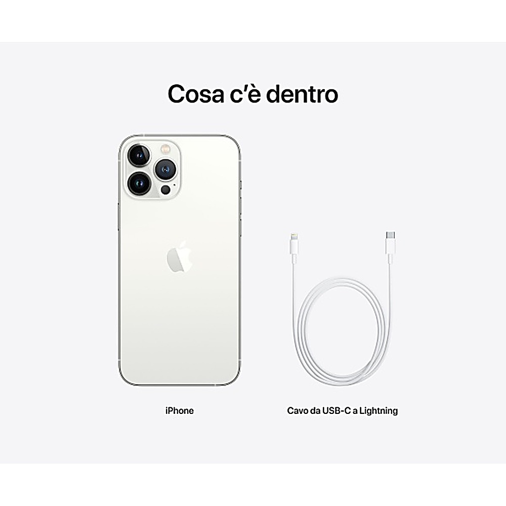 La imagen muestra un iPhone y un cable USB-C a Lightning. Ambos son blancos, sobre fondo blanco. El texto dice: 'Cosa c'è dentro'.