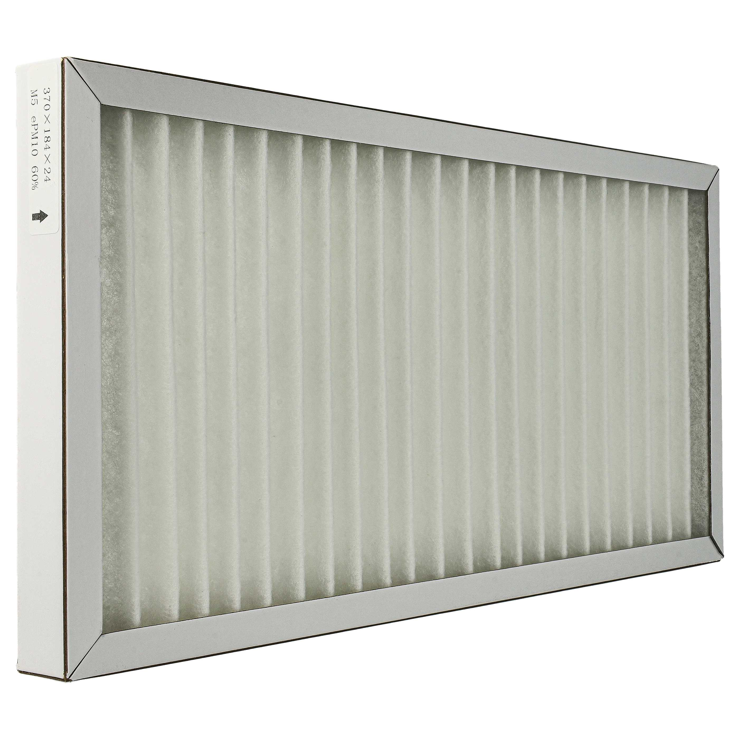 Ein Luftfilter mit weißem, plissiertem Filterelement, umrahmt von einem grauen Metallrahmen und einem weißen Kartonrahmen.