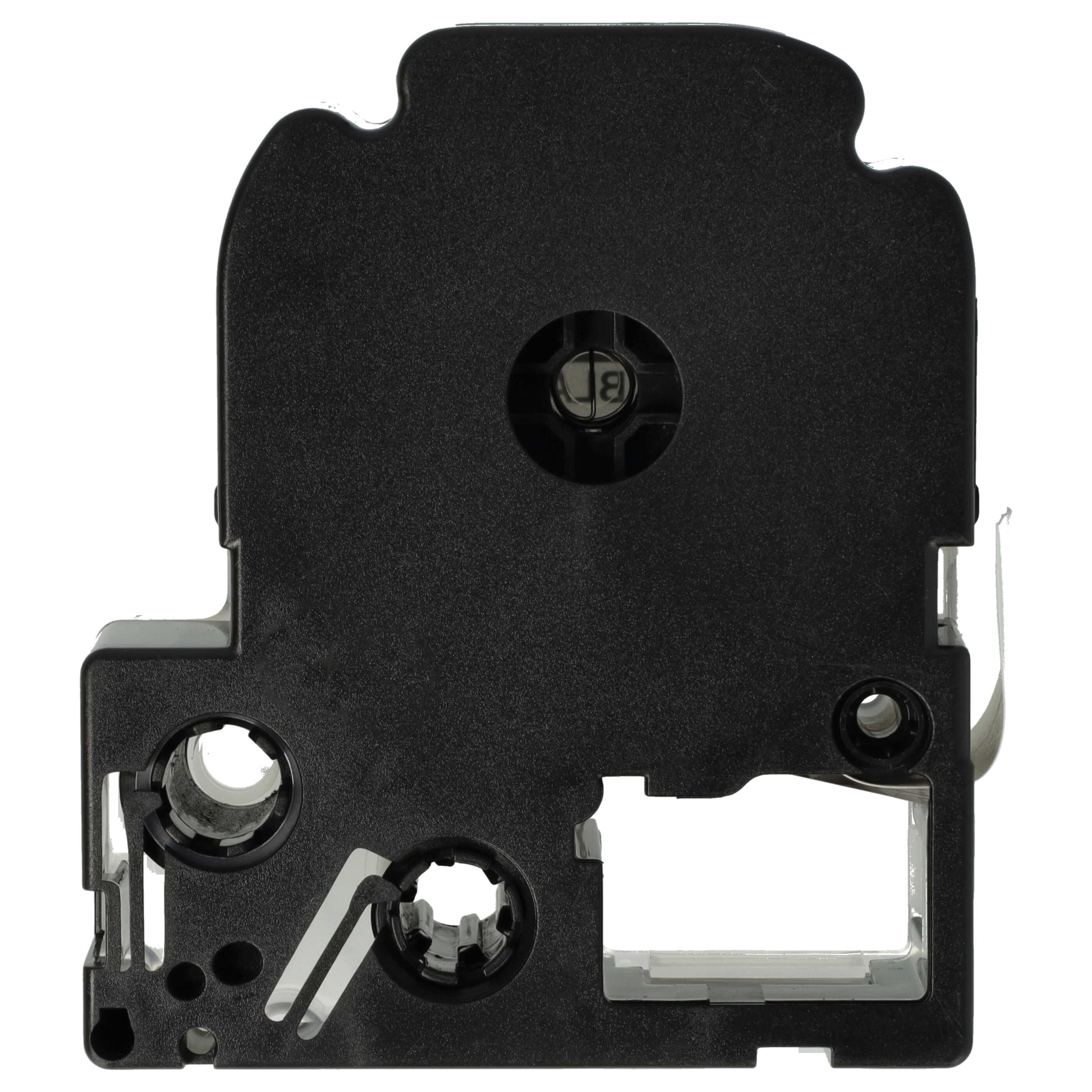 Schwarze Etikettendruckerpatrone mit komplexer Form, mehreren Löchern und weißem Hintergrund.