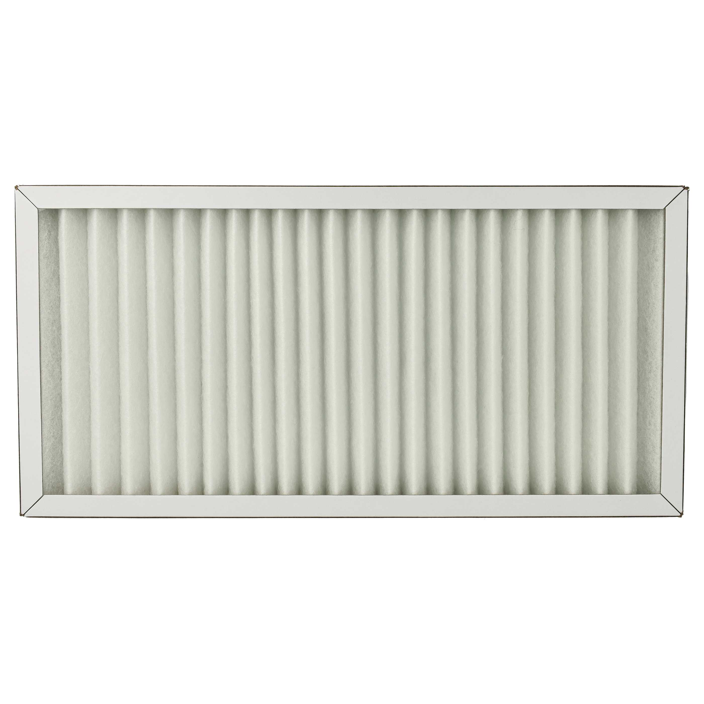 Ein Luftfilter mit weißem Rahmen und einem plissierten Filter. Der Filter ist weiß und rechteckig.