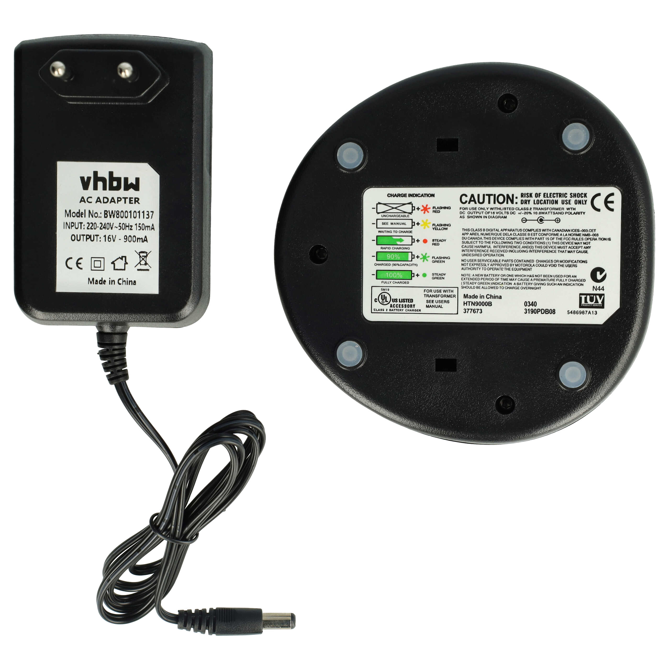 Ein Netzteil mit Stecker links und Ladestation rechts, dazwischen ein schwarzes Kabel.